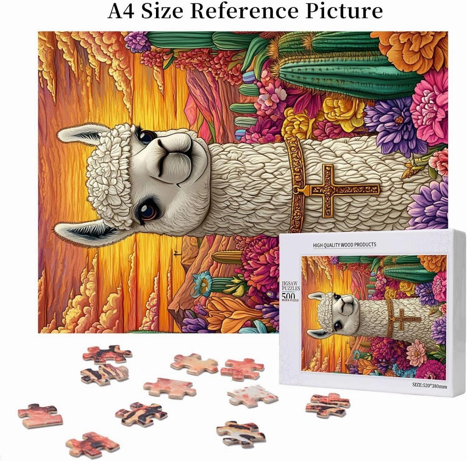 500 Piece Wooden Puzzle for Adults,an Alpaca Wearing A Cross Among The Desert Cacti,Brain Training Challenge,Stress Relief Activity,Spiritual Wilderness Artwork,Eco-Friendly Pieces