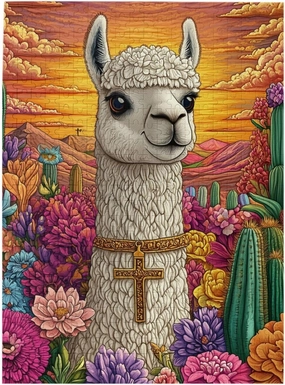 500 Piece Wooden Puzzle for Adults,an Alpaca Wearing A Cross Among The Desert Cacti,Brain Training Challenge,Stress Relief Activity,Spiritual Wilderness Artwork,Eco-Friendly Pieces