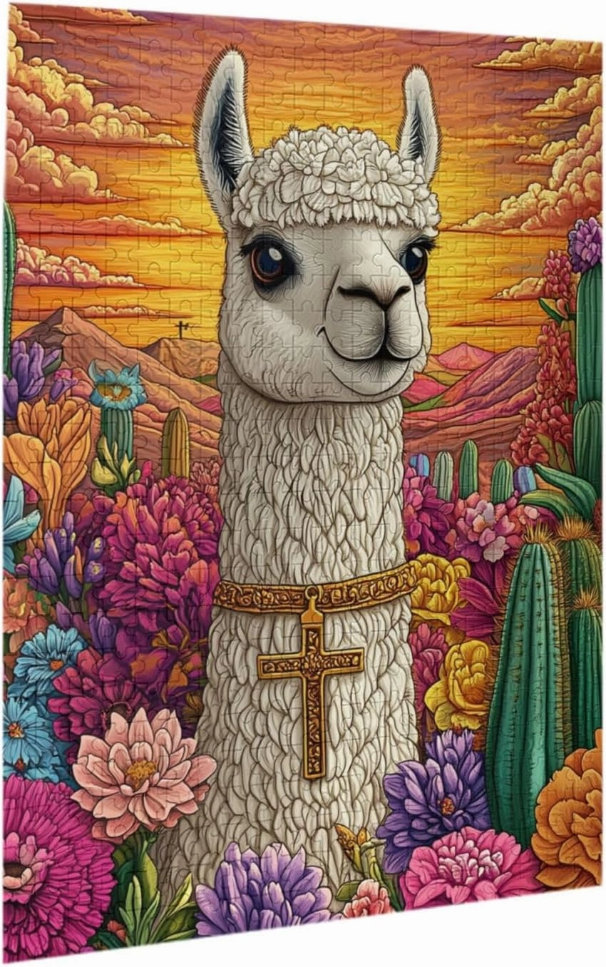 500 Piece Wooden Puzzle for Adults,an Alpaca Wearing A Cross Among The Desert Cacti,Brain Training Challenge,Stress Relief Activity,Spiritual Wilderness Artwork,Eco-Friendly Pieces