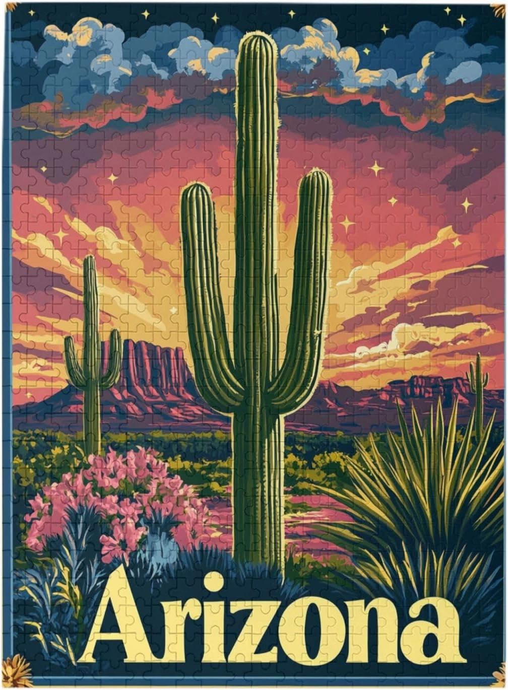 500 Piece Wooden Puzzle for Adults,Iconic Arizona Desert Landscape with Towering Saguaro Cacti,Brain Training Challenge,Stress Relief Activity,Southwestern Wilderness Artwork