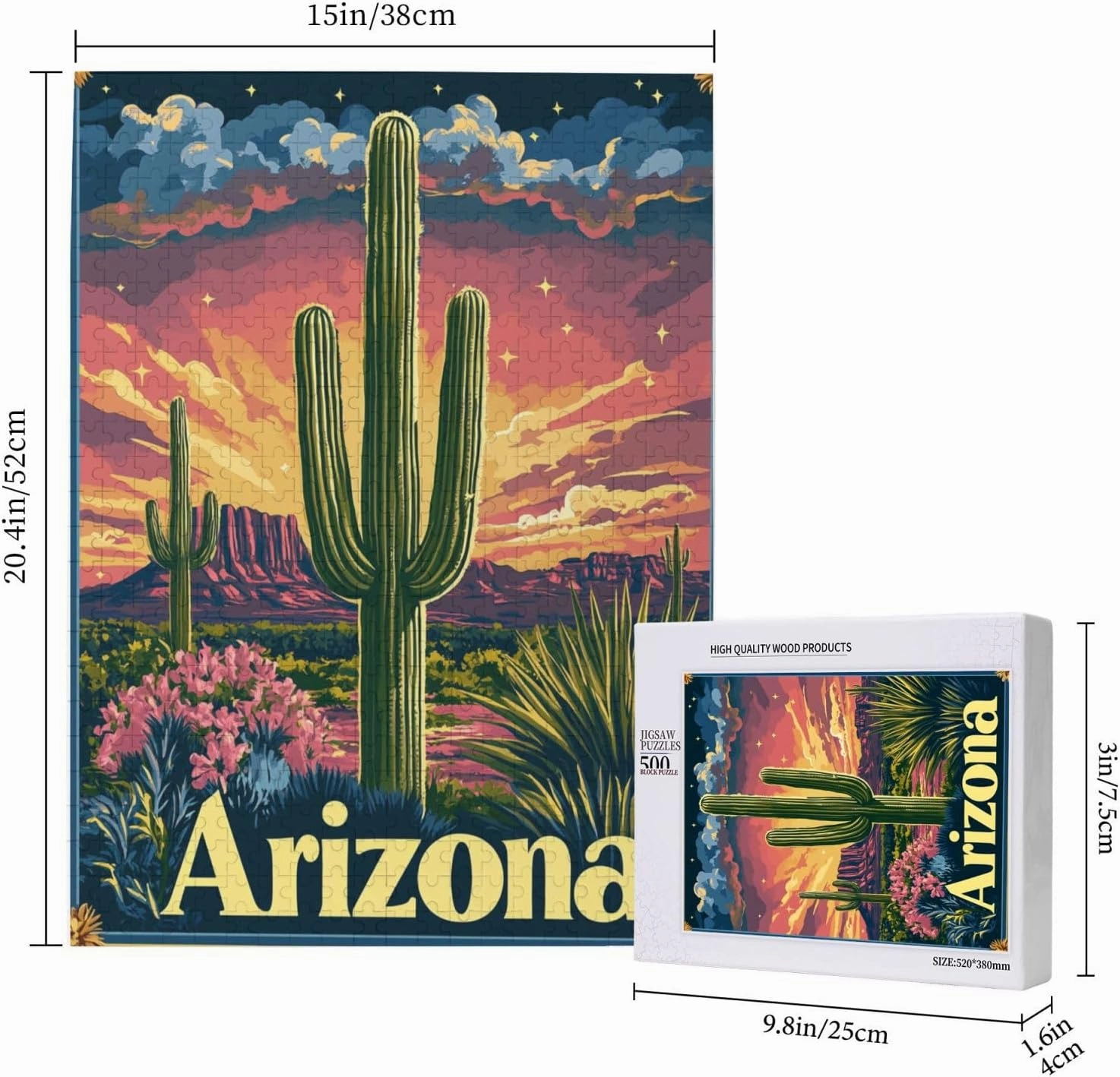 500 Piece Wooden Puzzle for Adults,Iconic Arizona Desert Landscape with Towering Saguaro Cacti,Brain Training Challenge,Stress Relief Activity,Southwestern Wilderness Artwork