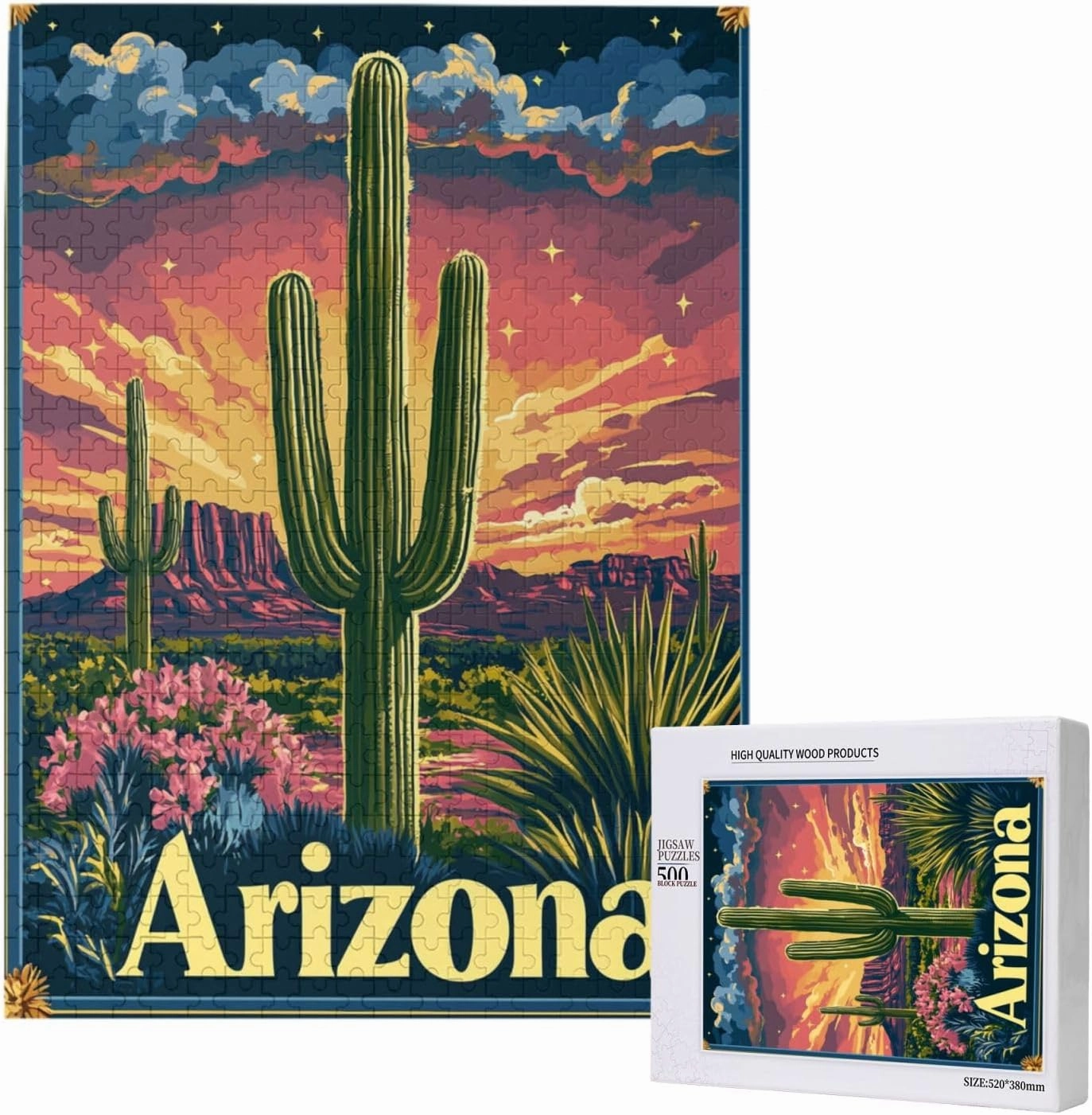 500 Piece Wooden Puzzle for Adults,Iconic Arizona Desert Landscape with Towering Saguaro Cacti,Brain Training Challenge,Stress Relief Activity,Southwestern Wilderness Artwork