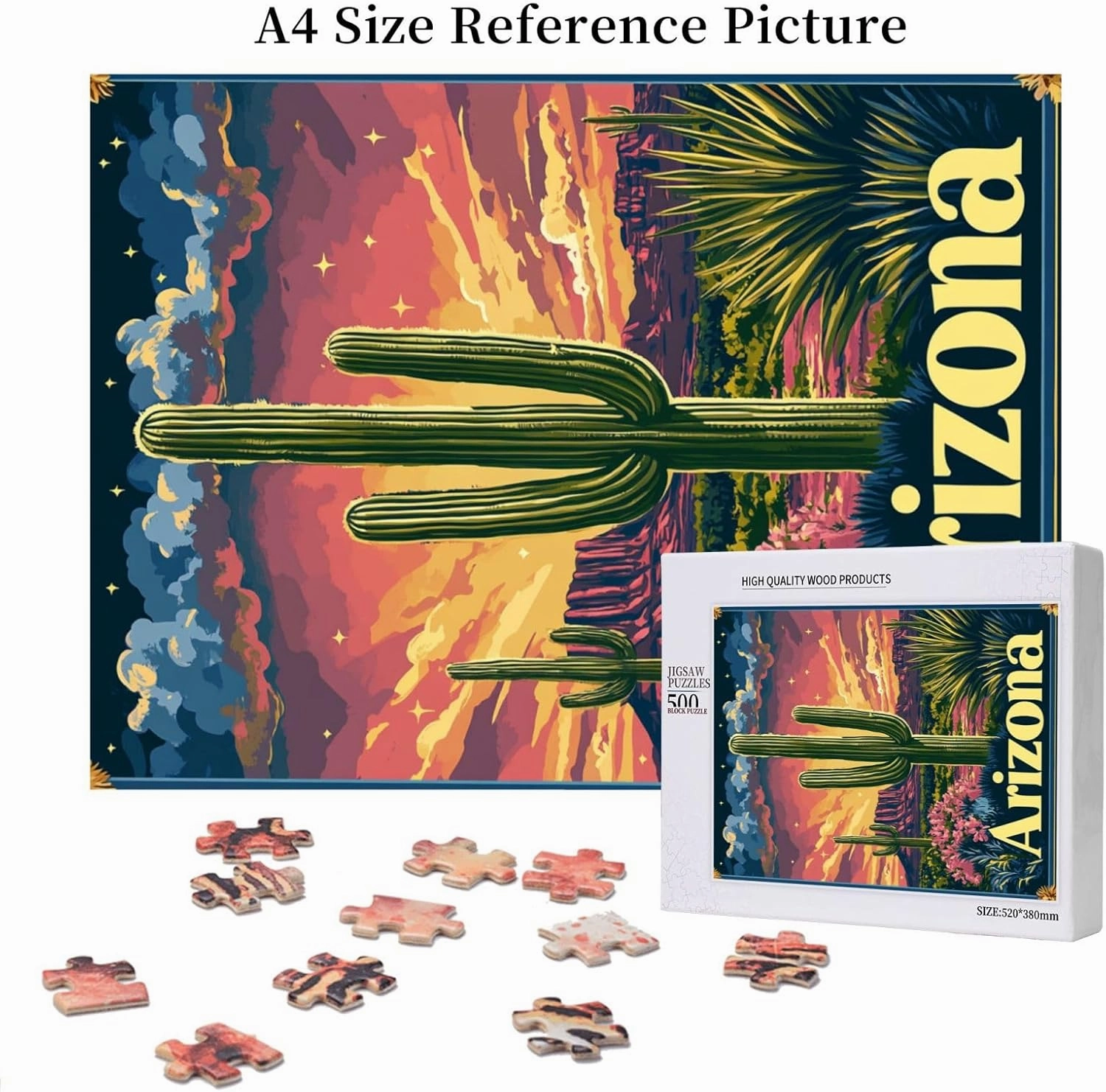 500 Piece Wooden Puzzle for Adults,Iconic Arizona Desert Landscape with Towering Saguaro Cacti,Brain Training Challenge,Stress Relief Activity,Southwestern Wilderness Artwork