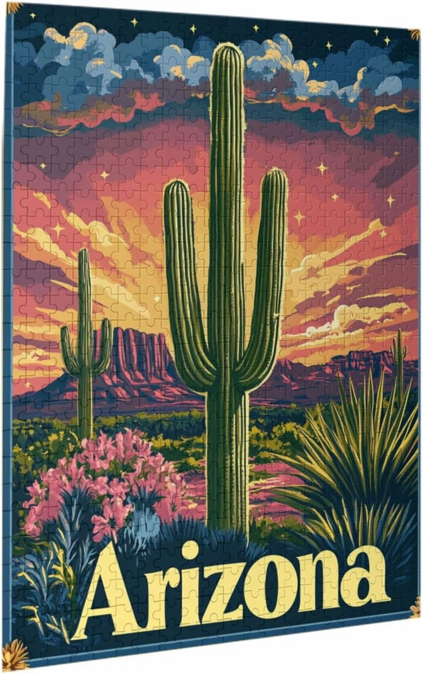 500 Piece Wooden Puzzle for Adults,Iconic Arizona Desert Landscape with Towering Saguaro Cacti,Brain Training Challenge,Stress Relief Activity,Southwestern Wilderness Artwork