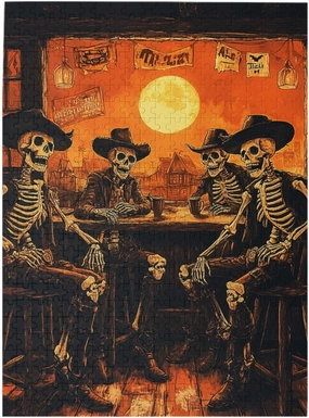 500 Piece Wooden Puzzle for Adults,Skeletal Partying at Sunset Drinks Table,Macabre Desert Happy Hour Artwork,Brain Training Challenge,Stress Relief Activity,Eco-Friendly Pieces