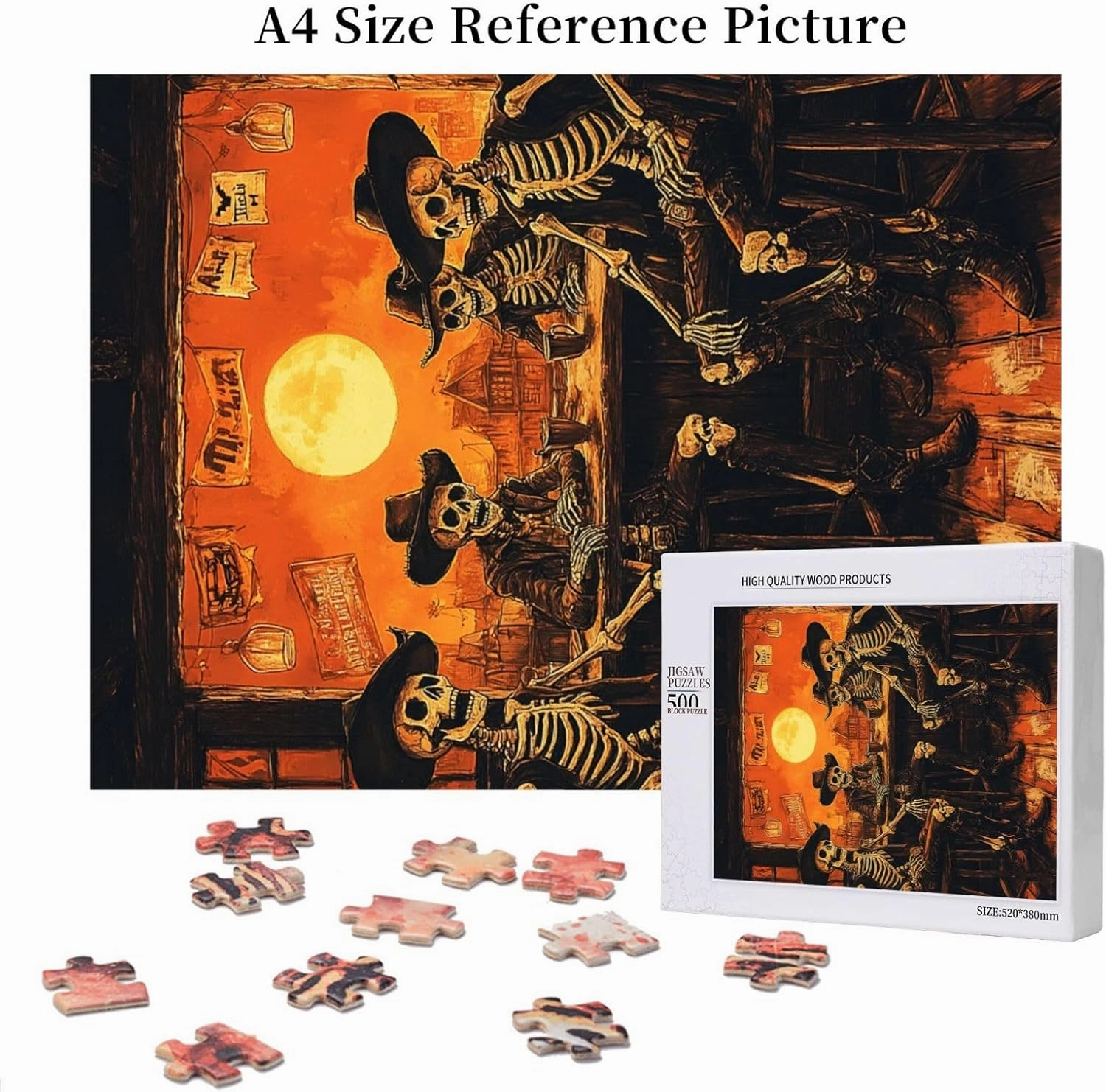 500 Piece Wooden Puzzle for Adults,Skeletal Partying at Sunset Drinks Table,Macabre Desert Happy Hour Artwork,Brain Training Challenge,Stress Relief Activity,Eco-Friendly Pieces
