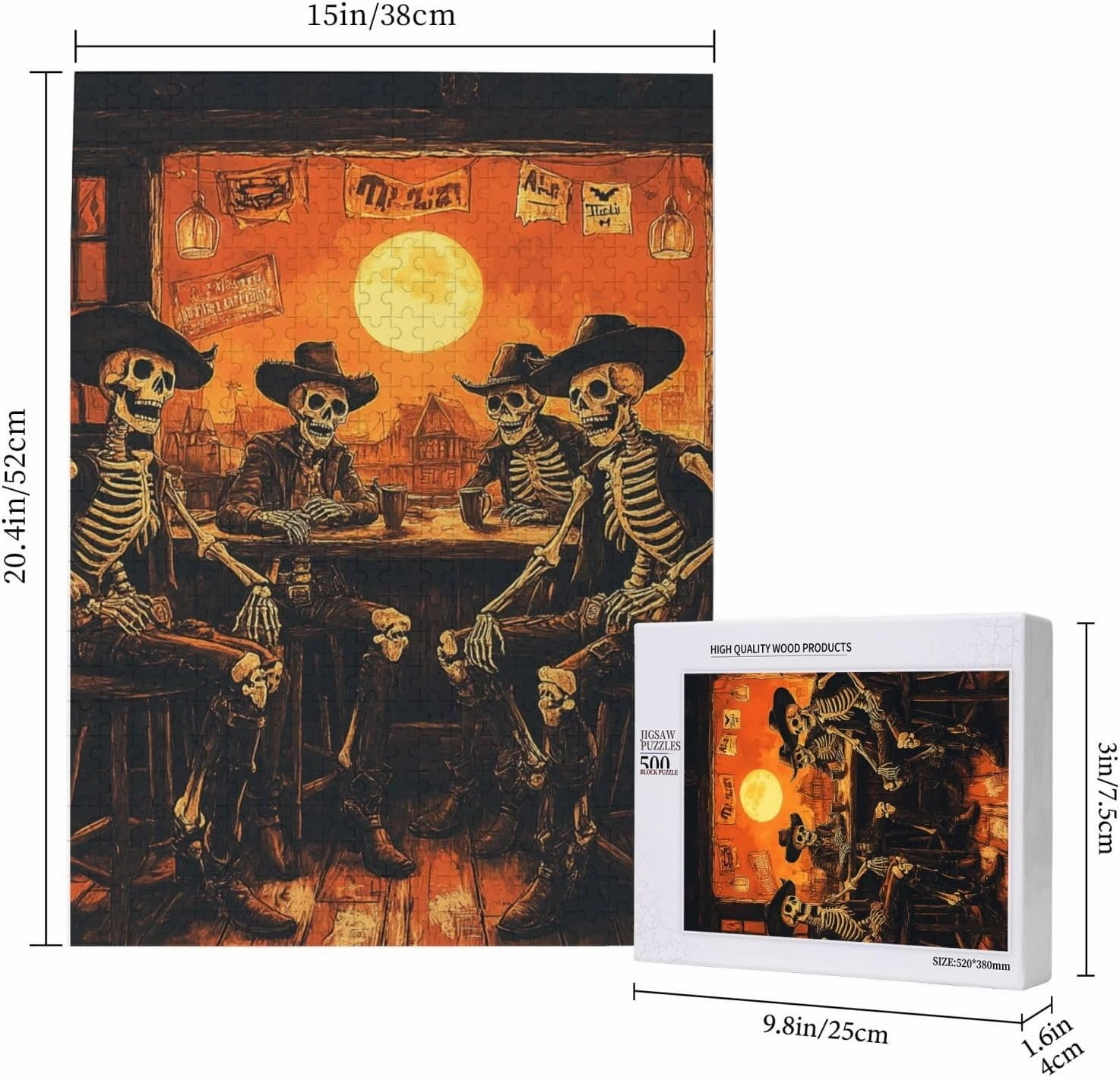 500 Piece Wooden Puzzle for Adults,Skeletal Partying at Sunset Drinks Table,Macabre Desert Happy Hour Artwork,Brain Training Challenge,Stress Relief Activity,Eco-Friendly Pieces