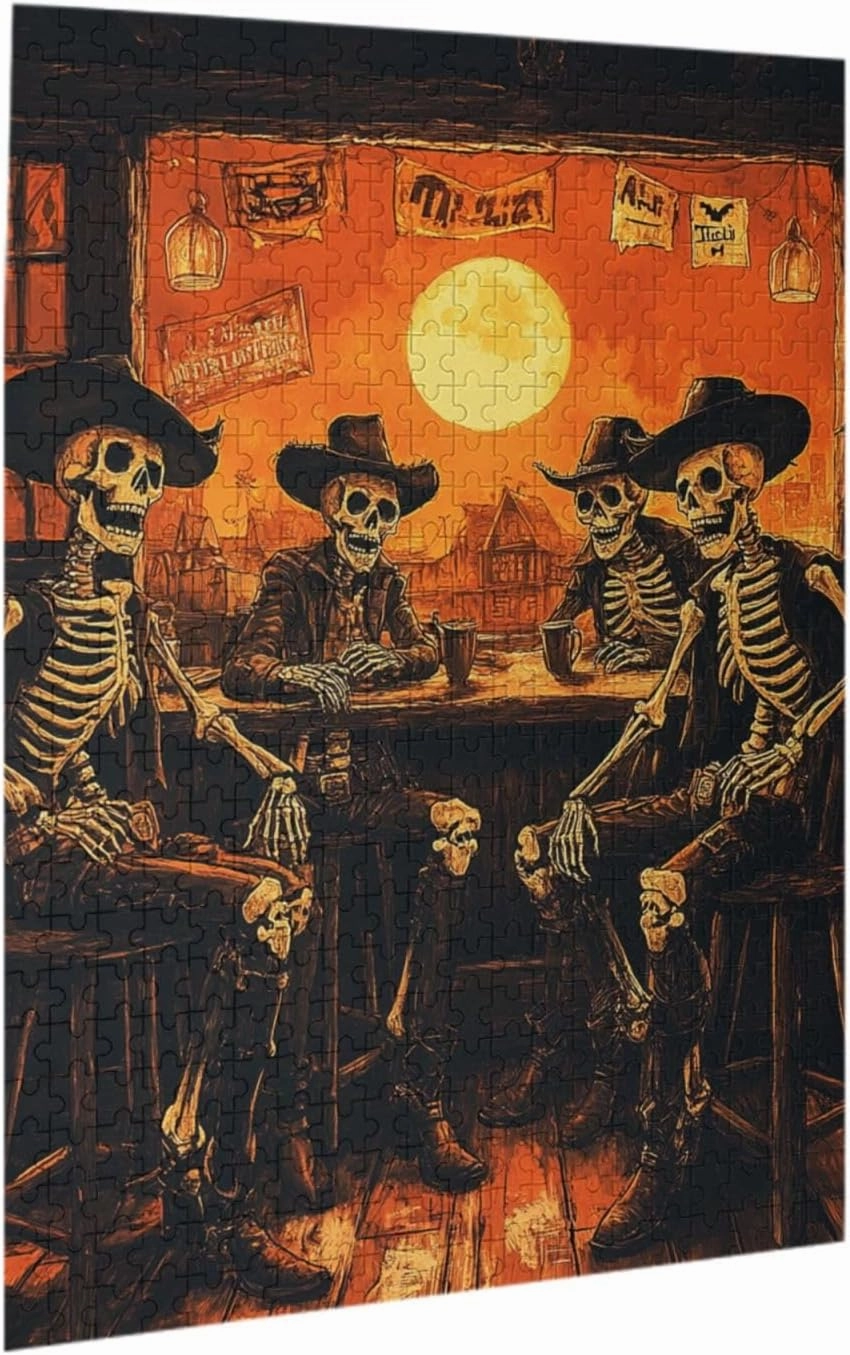 500 Piece Wooden Puzzle for Adults,Skeletal Partying at Sunset Drinks Table,Macabre Desert Happy Hour Artwork,Brain Training Challenge,Stress Relief Activity,Eco-Friendly Pieces