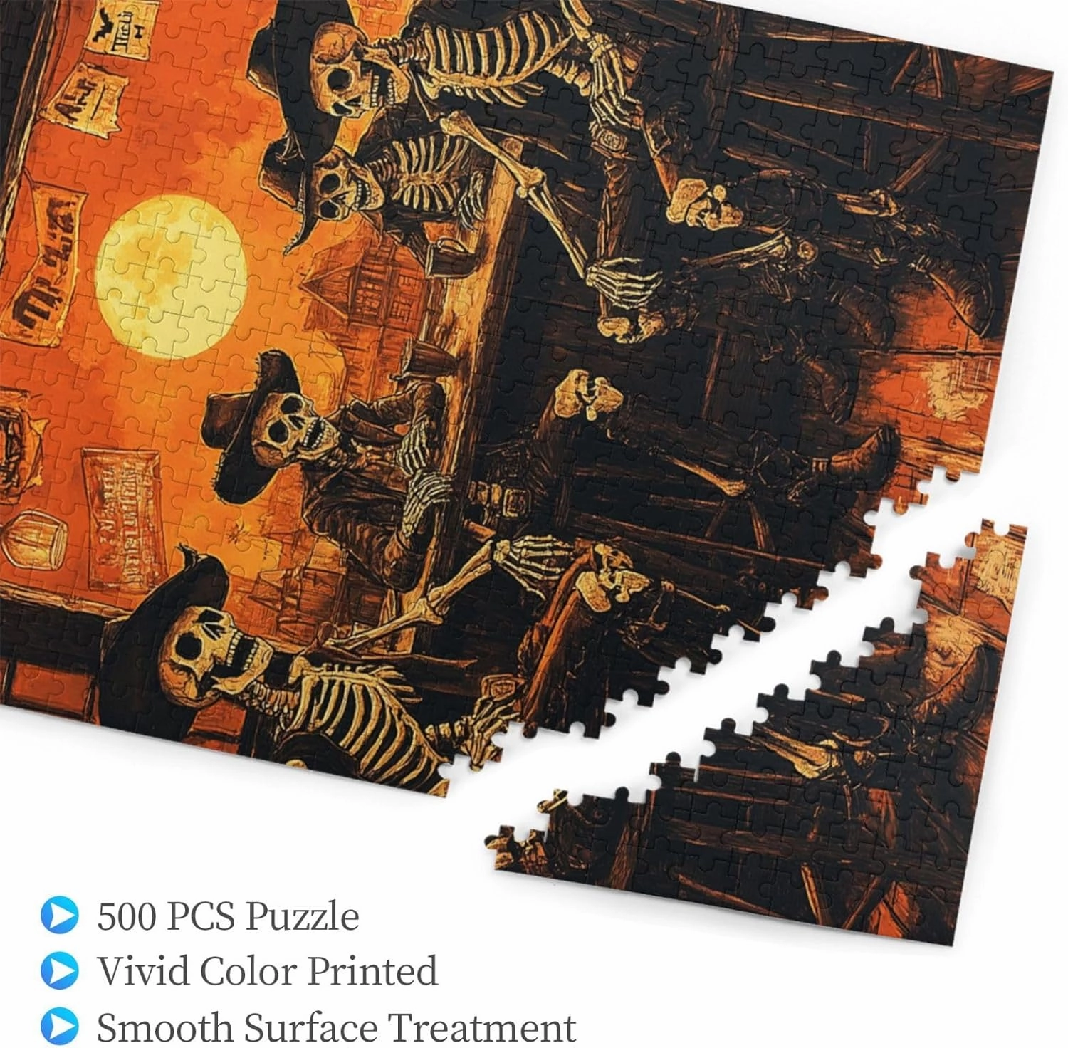 500 Piece Wooden Puzzle for Adults,Skeletal Partying at Sunset Drinks Table,Macabre Desert Happy Hour Artwork,Brain Training Challenge,Stress Relief Activity,Eco-Friendly Pieces