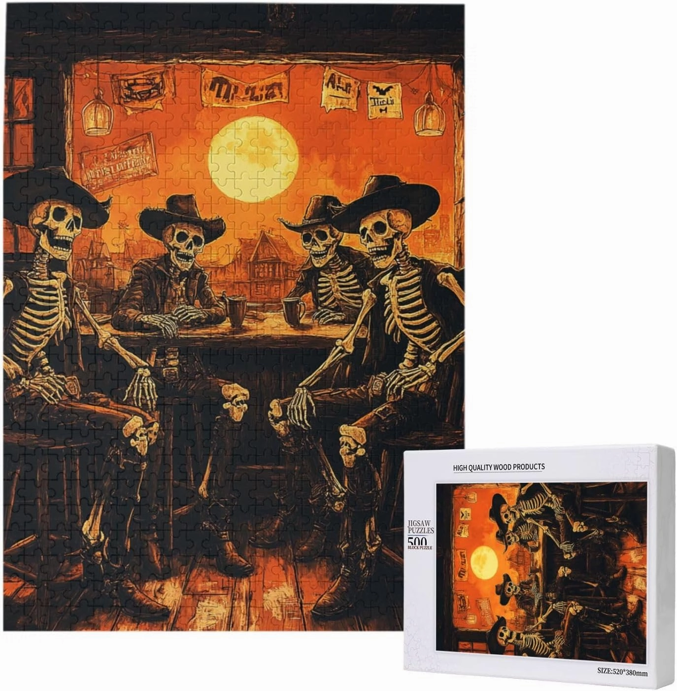 500 Piece Wooden Puzzle for Adults,Skeletal Partying at Sunset Drinks Table,Macabre Desert Happy Hour Artwork,Brain Training Challenge,Stress Relief Activity,Eco-Friendly Pieces