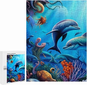 500 Pieces Puzzle for Adults & Kids - Colorful Sea Ocean World Dolphin Tropical Fishes Coral Art Large Size Jigsaw Puzzles for Game Toys Gift Home Entertainment, 20.5 L x 15 W inch Wall Poster