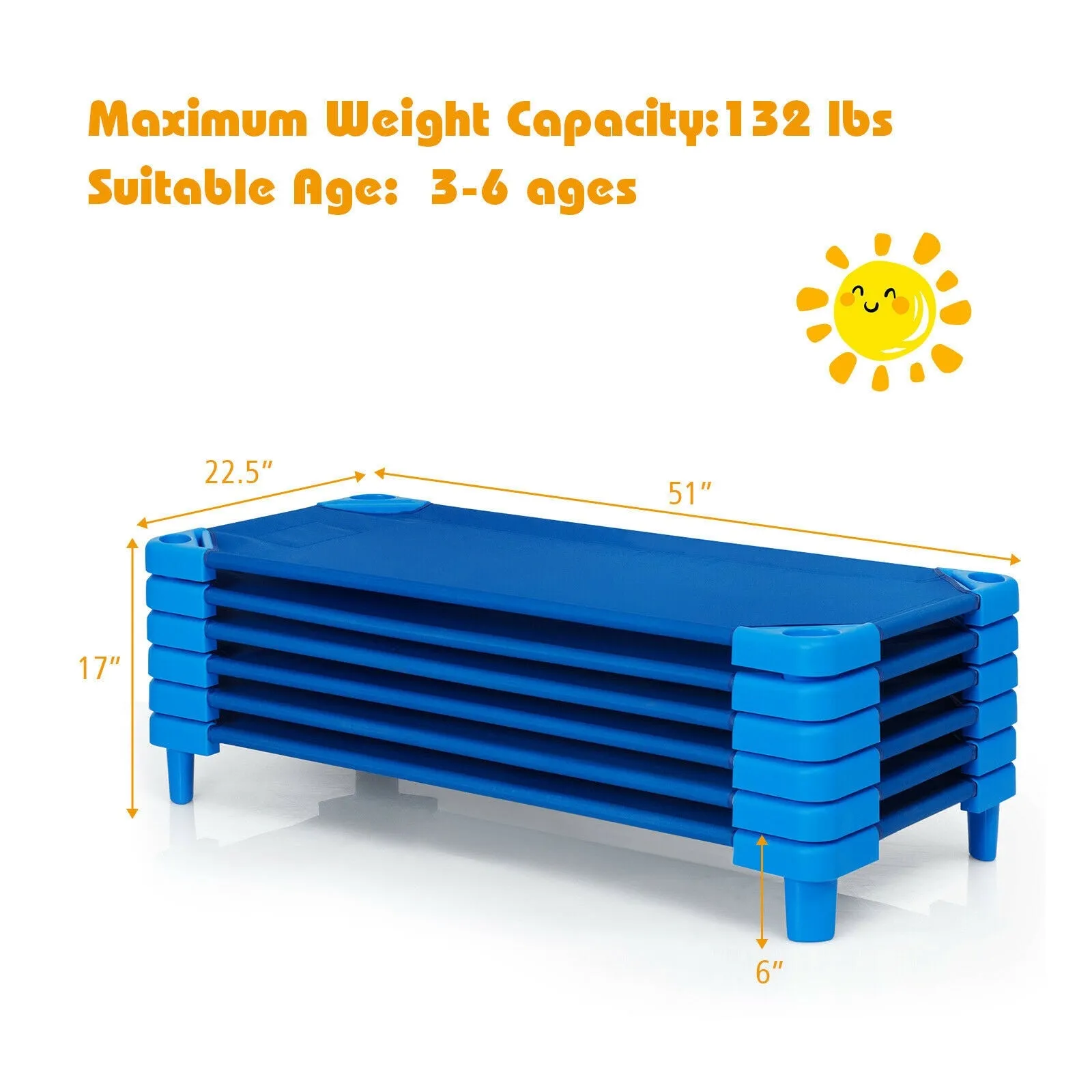52 Inch x 23 Inch Pack of 6 Kids Stackable Daycare Rest Mat
