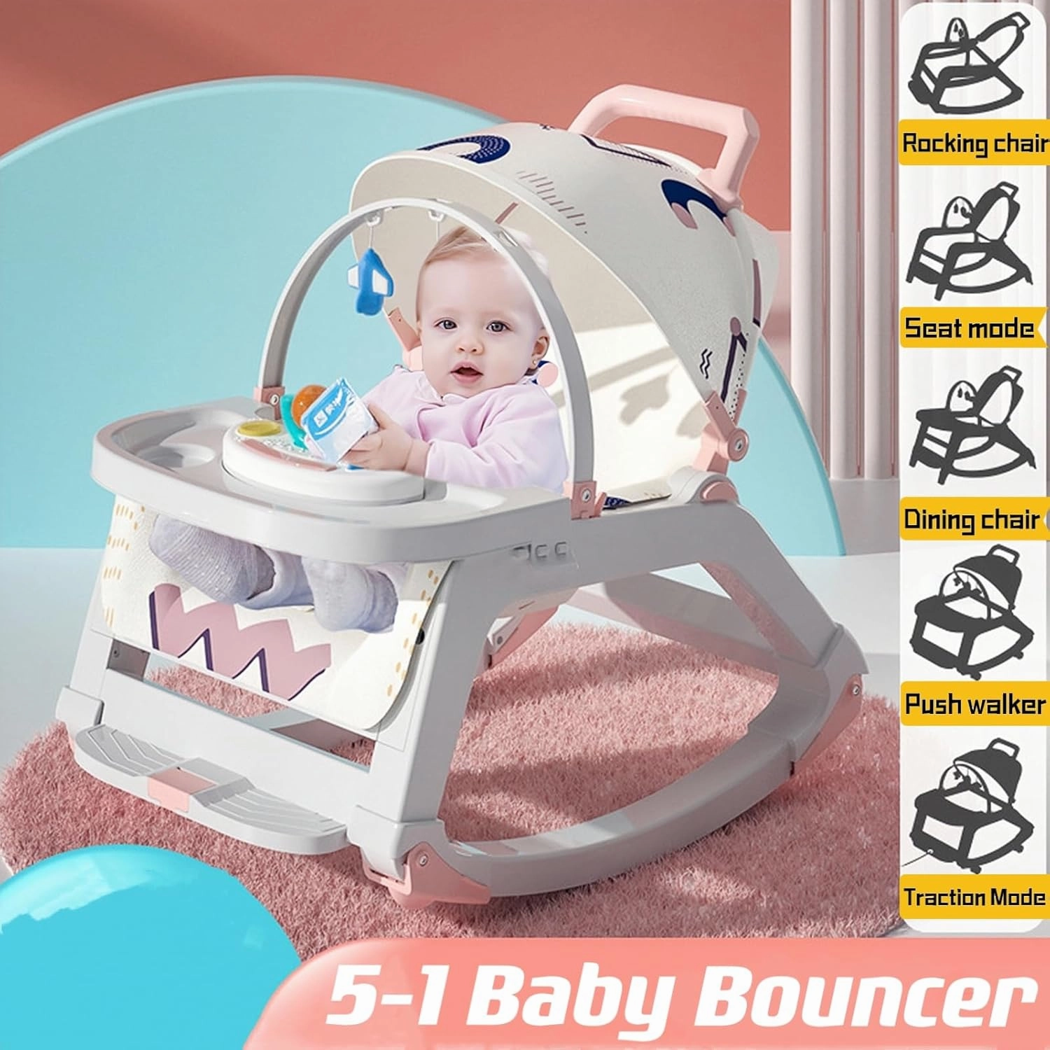 5-1 Baby Bouncer Ifant Seat，Baby Bouncer and Push Walker Cambo，Ifant to Toddler Adjustable Bouncer Chair，Portable Rocker Chair with Wheels,Toy Snack Tray and Canopy for Outdoor，0-36 Months