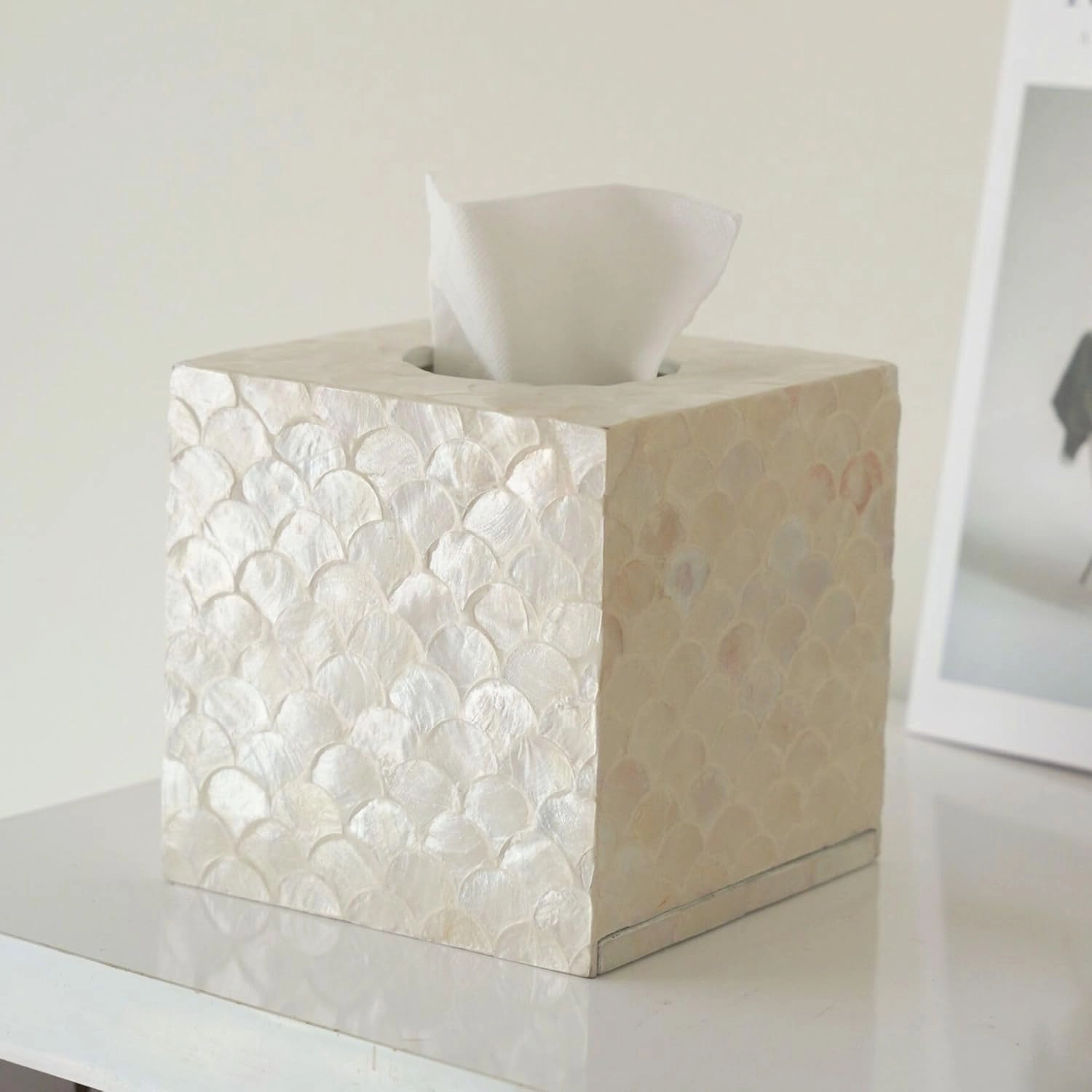 5.9” Capiz Tissue Box Cover, Square Decorative Tissue Holder with Bottom Slider, Handmade Bathroom Accessories, Elegant White Cube for Vanity, Bedroom, Office & Coastal Décor (Natural)