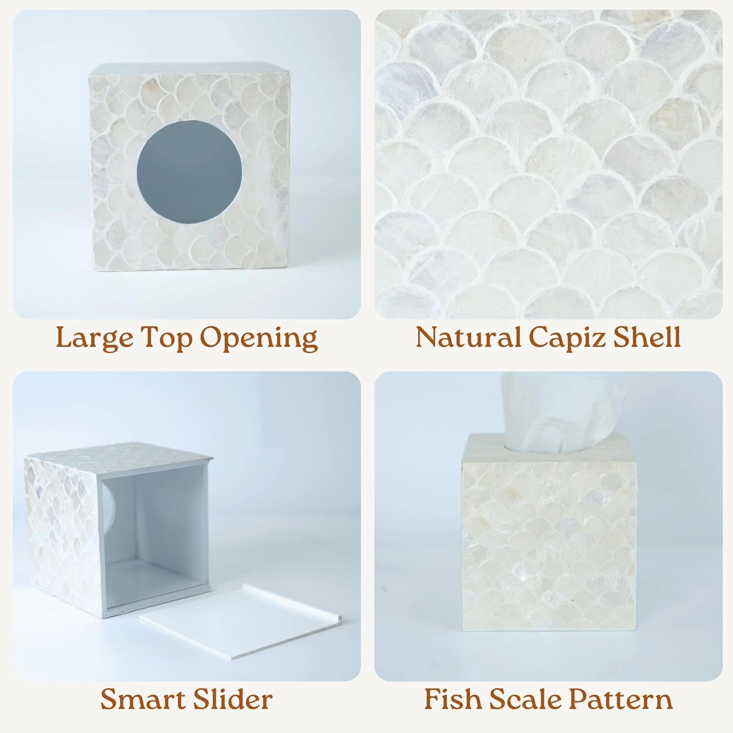 5.9” Capiz Tissue Box Cover, Square Decorative Tissue Holder with Bottom Slider, Handmade Bathroom Accessories, Elegant White Cube for Vanity, Bedroom, Office & Coastal Décor (Natural)