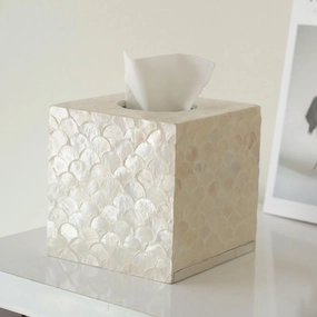 5.9” Capiz Tissue Box Cover, Square Decorative Tissue Holder with Bottom Slider, Handmade Bathroom Accessories, Elegant White Cube for Vanity, Bedroom, Office & Coastal Décor (Natural)