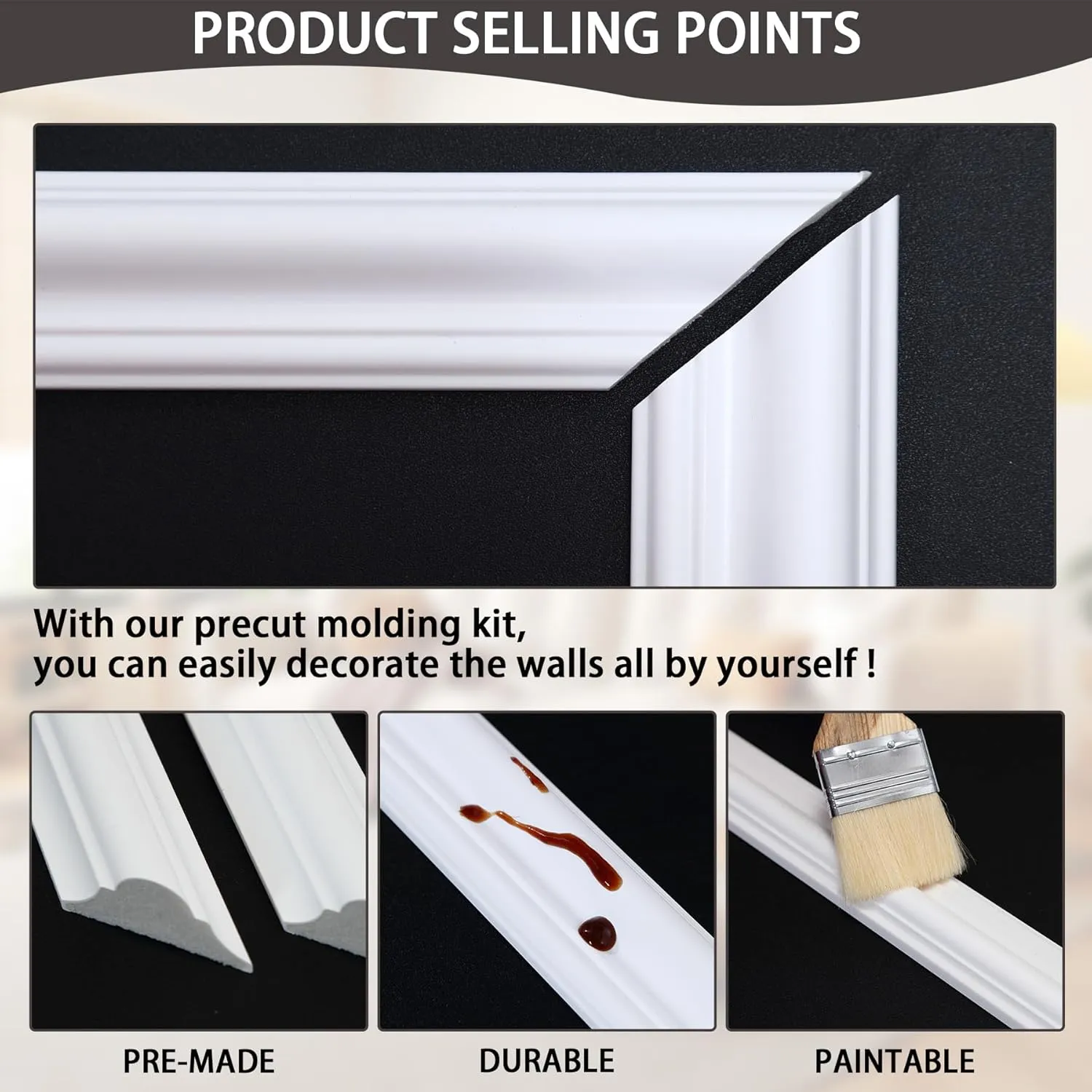 6-Frame Premade Accent Wall Molding Kit, Ready-to-Assemble Wainscoting Panels, Pre-Cut Chair Rail Moulding Trim for Home Décor