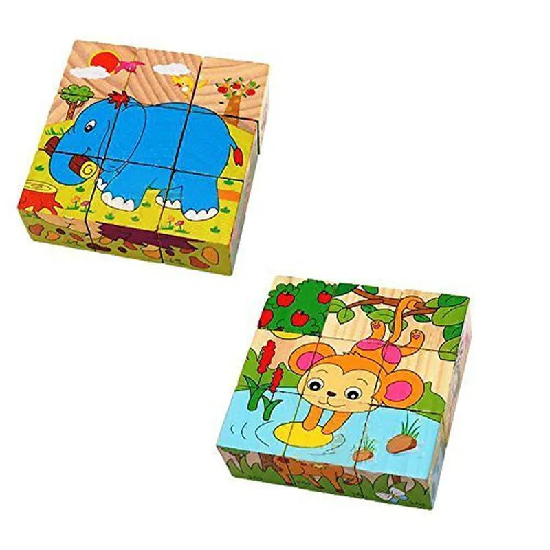 6 in 1 Wooden Cube 3D Animal Block Puzzles - 16 Pieces (1-3 Years)