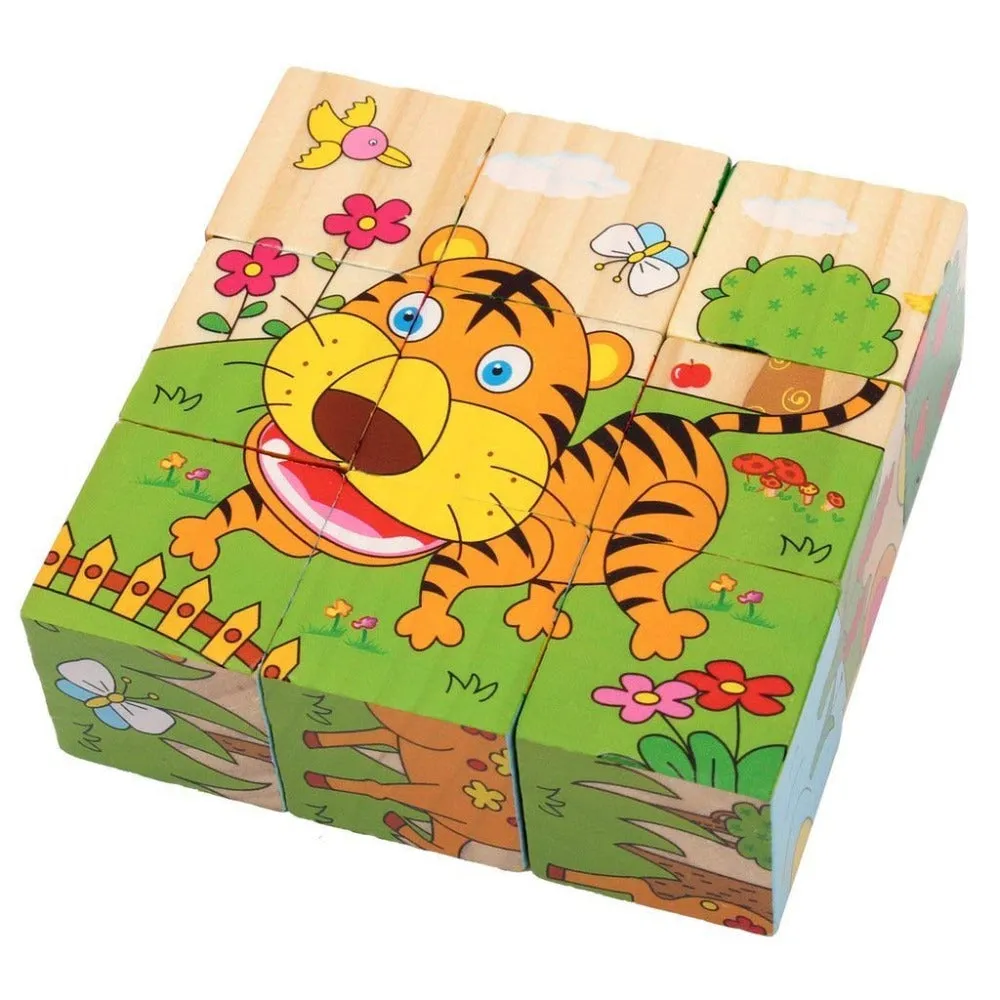 6 in 1 Wooden Cube 3D Animal Block Puzzles - 16 Pieces (1-3 Years)