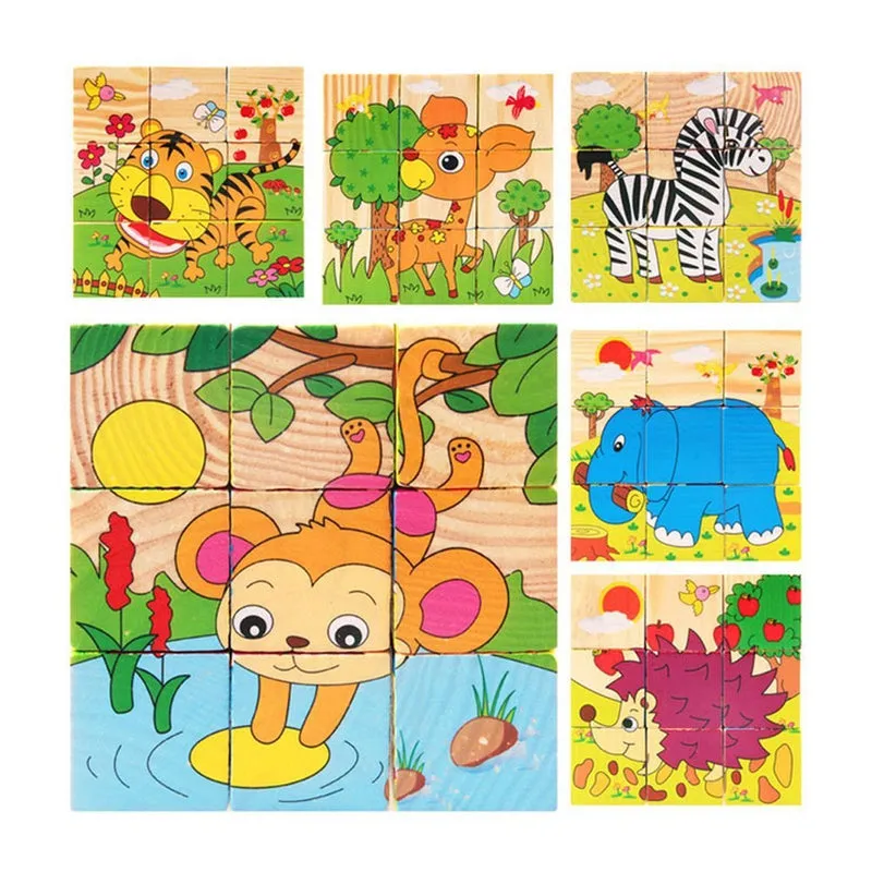 6 in 1 Wooden Cube 3D Animal Block Puzzles - 16 Pieces (1-3 Years)