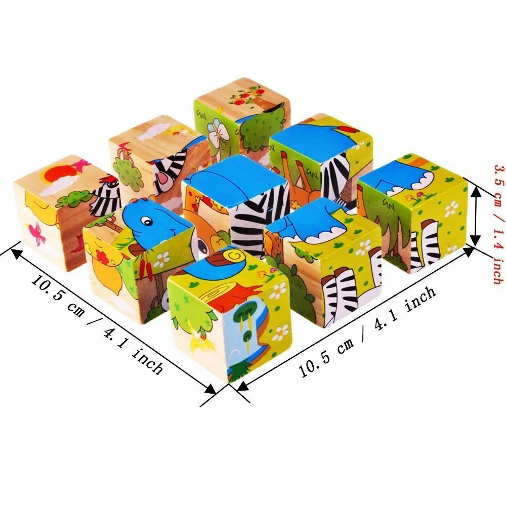 6 in 1 Wooden Cube 3D Animal Block Puzzles - 16 Pieces (1-3 Years)