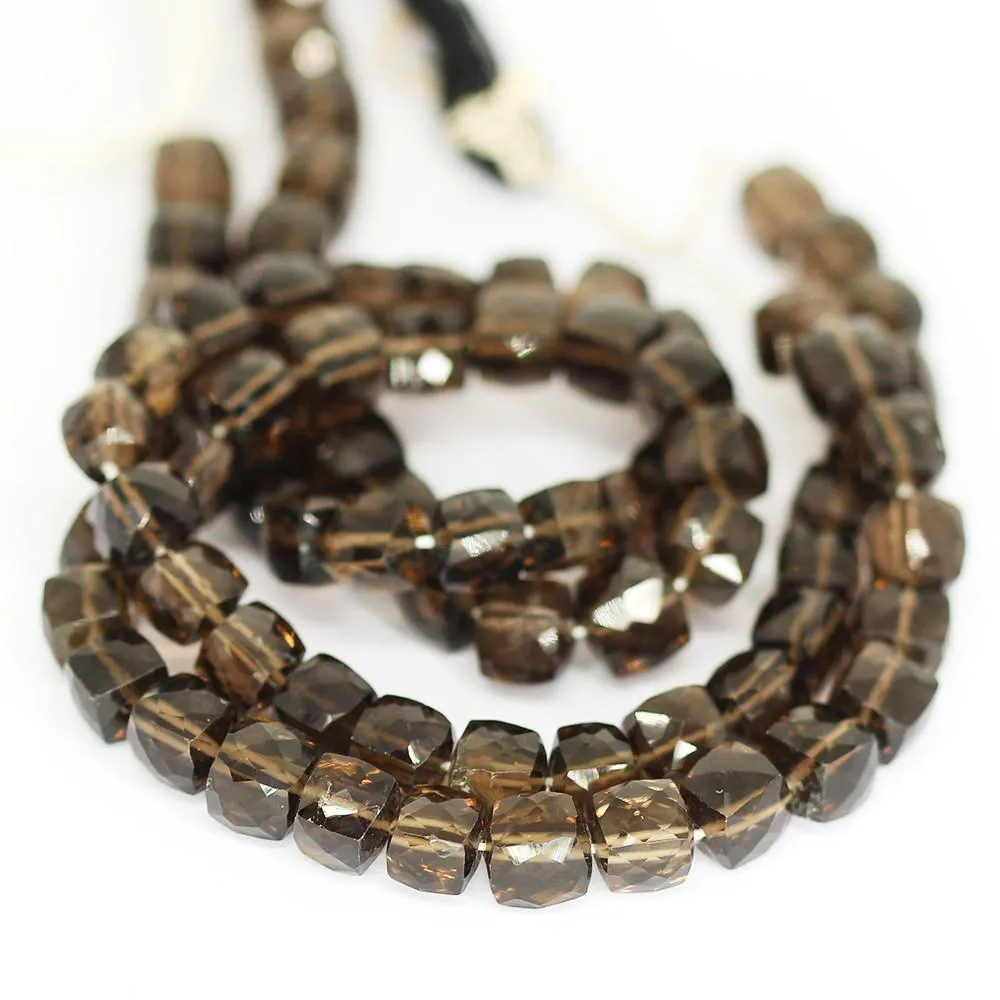 6.5 inches, 6mm, Natural Smoky Quartz Faceted 3D Cube Box Square Beads, Quartz Beads
