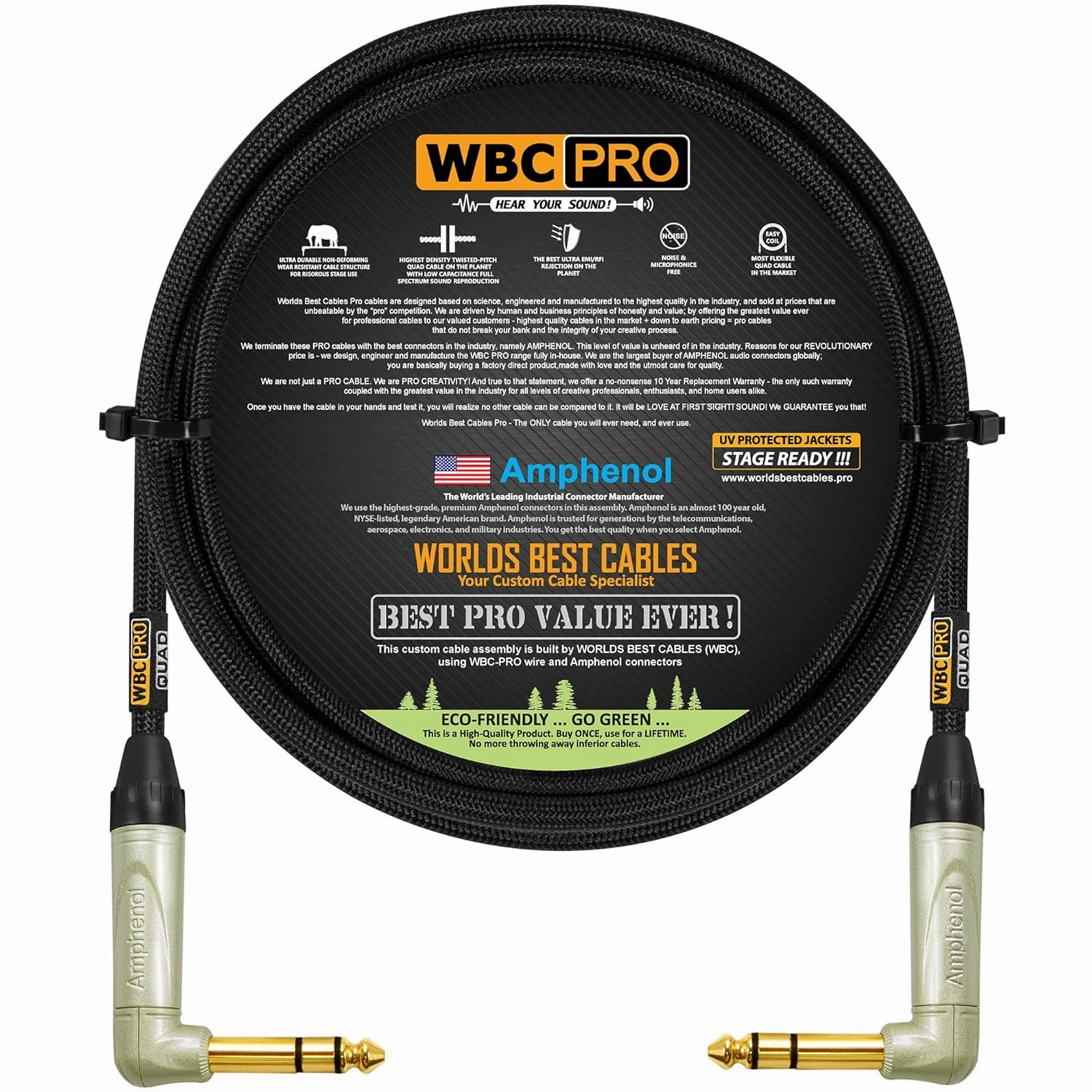6 Foot - WBC-PRO-Quad Ultra-Silent Ultra-Flexible Balanced Star-Quad Cable with Amphenol QS3R-AU ¼ Inch (6.35mm) Gold Right-Angled TRS Stereo Phone Plugs & Black Tweed Jacket