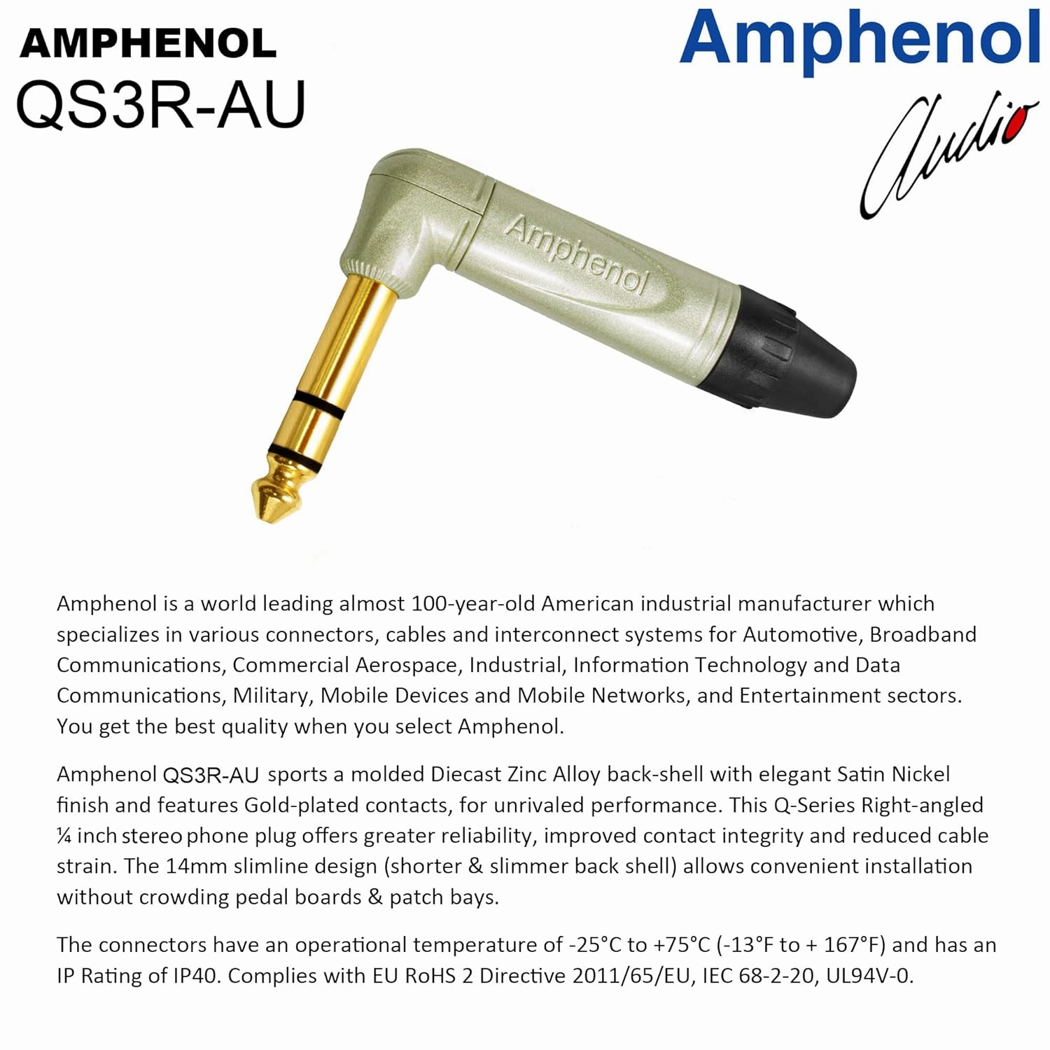 6 Foot - WBC-PRO-Quad Ultra-Silent Ultra-Flexible Balanced Star-Quad Cable with Amphenol QS3R-AU ¼ Inch (6.35mm) Gold Right-Angled TRS Stereo Phone Plugs & Black Tweed Jacket
