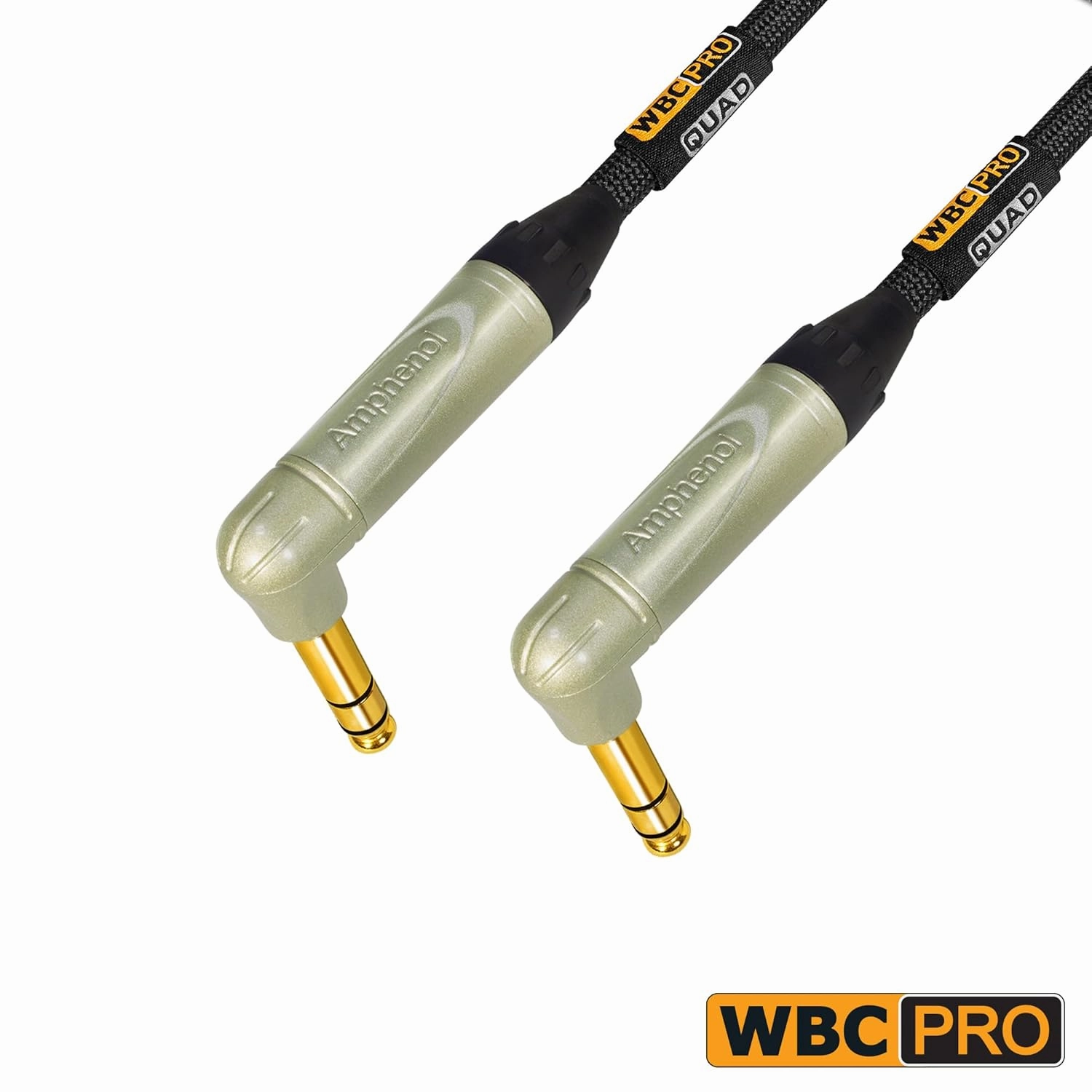 6 Foot - WBC-PRO-Quad Ultra-Silent Ultra-Flexible Balanced Star-Quad Cable with Amphenol QS3R-AU ¼ Inch (6.35mm) Gold Right-Angled TRS Stereo Phone Plugs & Black Tweed Jacket