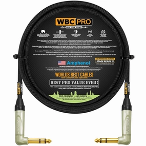 6 Foot - WBC-PRO-Quad Ultra-Silent Ultra-Flexible Balanced Star-Quad Cable with Amphenol QS3R-AU ¼ Inch (6.35mm) Gold Right-Angled TRS Stereo Phone Plugs & Black Tweed Jacket