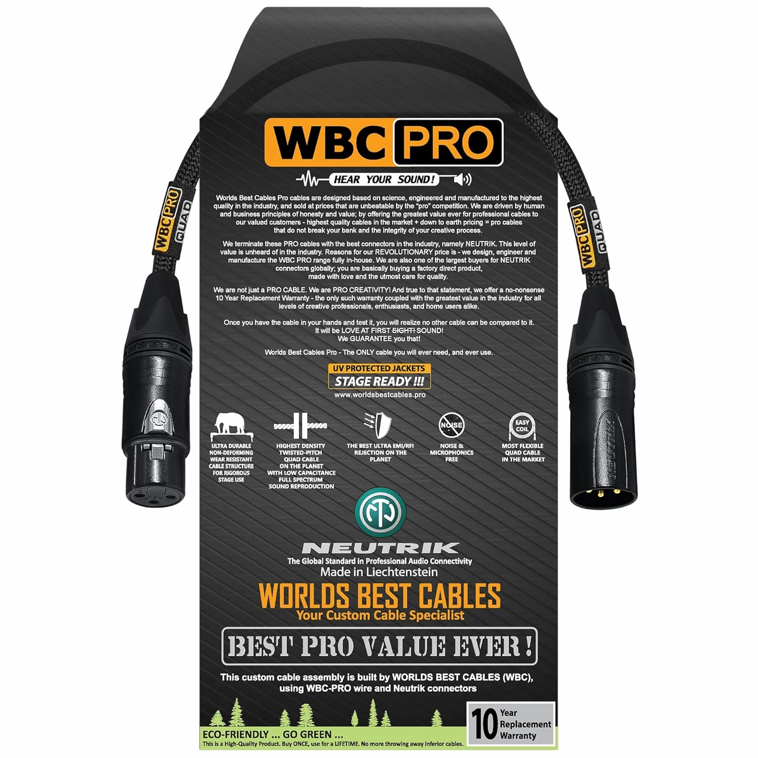6 Inch - WBC-PRO-Quad Ultra-Silent Ultra-Flexible Balanced Star-Quad Cable with Neutrik Male & Female XLR Plugs & Black Tweed Jacket