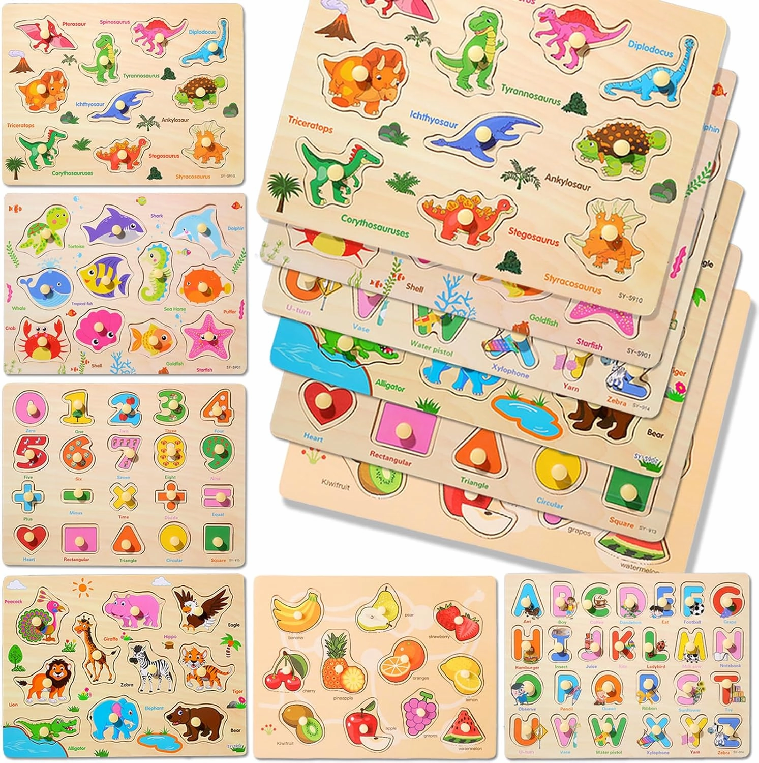 6PCS Toddler Wooden Peg Puzzle Toys for Age 2-4 3-5 Year Old Boys Girls,Educational Learning Sensory Toy,Puzzles for Toddlers Kids,Dinosaur&Ocean&Alphabet&Number Shape&Animal&Fruit Puzzles