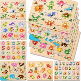 6PCS Toddler Wooden Peg Puzzle Toys for Age 2-4 3-5 Year Old Boys Girls,Educational Learning Sensory Toy,Puzzles for Toddlers Kids,Dinosaur&Ocean&Alphabet&Number Shape&Animal&Fruit Puzzles