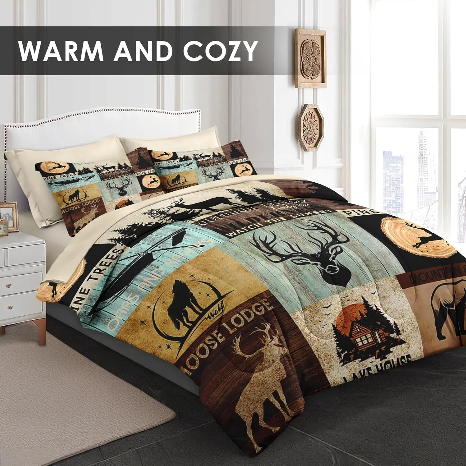 7 Pcs King Size Comforter Set with 2 Pillowcases & 2 Shams, Pine Animal Hunting Deer Bedding for Kids and Adults, Bear Wolf Tree Woodboard Bed in a Bag with Flat Fitted Sheet
