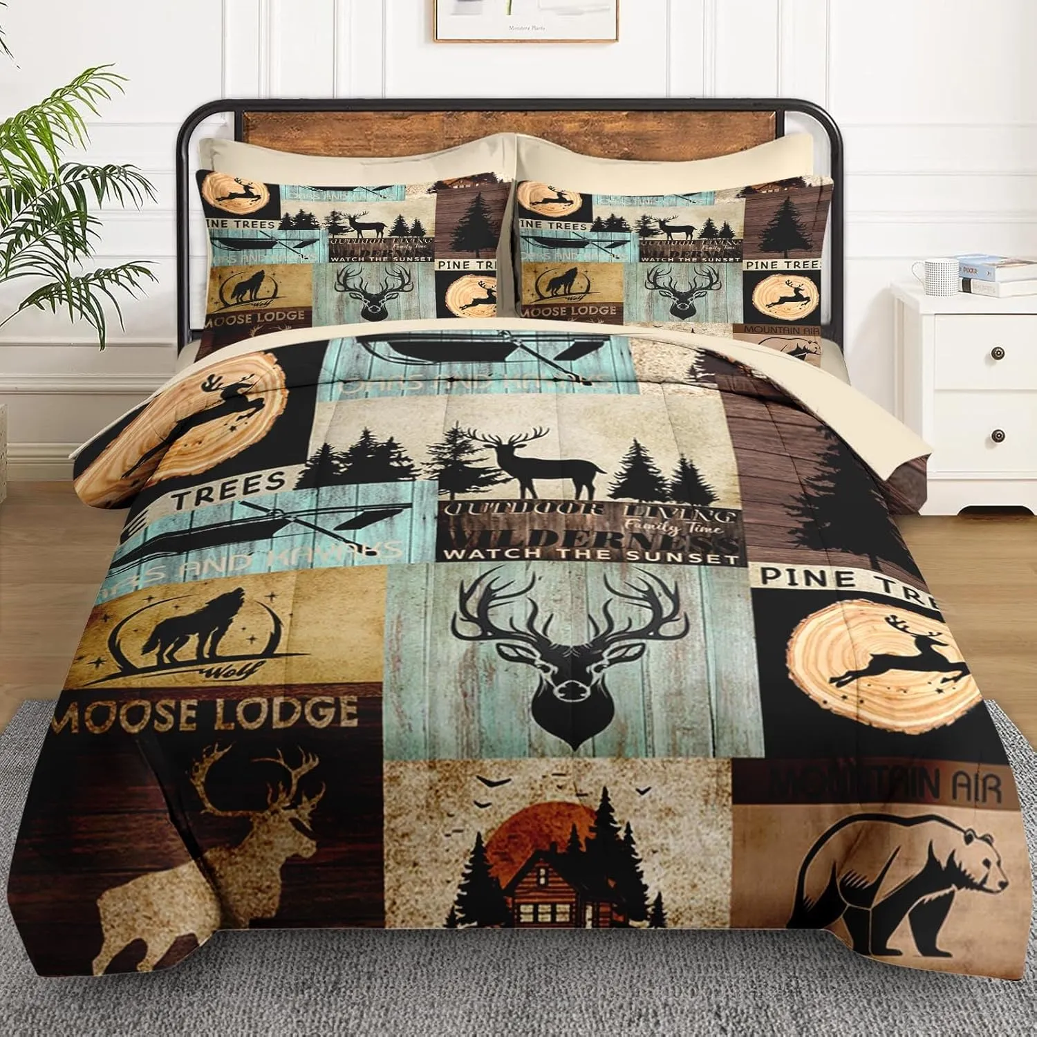 7 Pcs King Size Comforter Set with 2 Pillowcases & 2 Shams, Pine Animal Hunting Deer Bedding for Kids and Adults, Bear Wolf Tree Woodboard Bed in a Bag with Flat Fitted Sheet