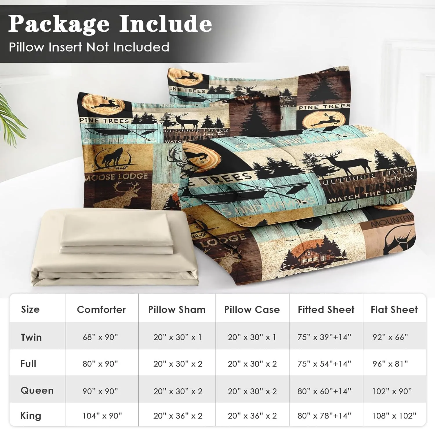 7 Pcs Queen Size Comforter Set with 2 Pillowcases & 2 Shams, Bear Wolf Tree Woodboard Bedding for Kids and Adults, Pine Animal Hunting Deer Bed in a Bag with Flat Fitted Sheet