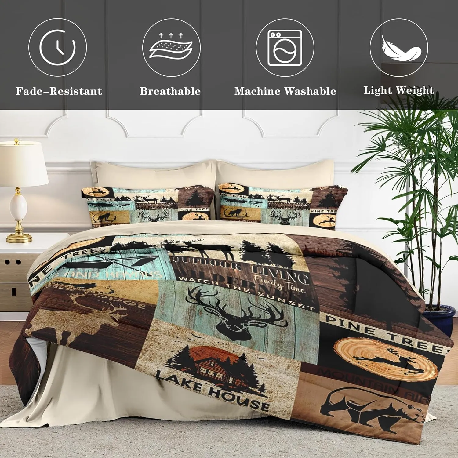 7 Pcs Queen Size Comforter Set with 2 Pillowcases & 2 Shams, Bear Wolf Tree Woodboard Bedding for Kids and Adults, Pine Animal Hunting Deer Bed in a Bag with Flat Fitted Sheet