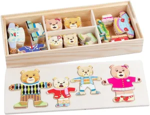 72 Pieces Wooden Bear Family Dress-Up Jigsaw Puzzles Bear Rabbit Change Clothes Games Toy Set Bear