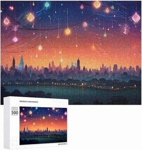 “Colorful Lanterns Over City Sunset Puzzle”,for Adults 500 Pieces, Vintage Jigsaw Puzzle, Funny Art Puzzles for Adults as Family Game Home Decor