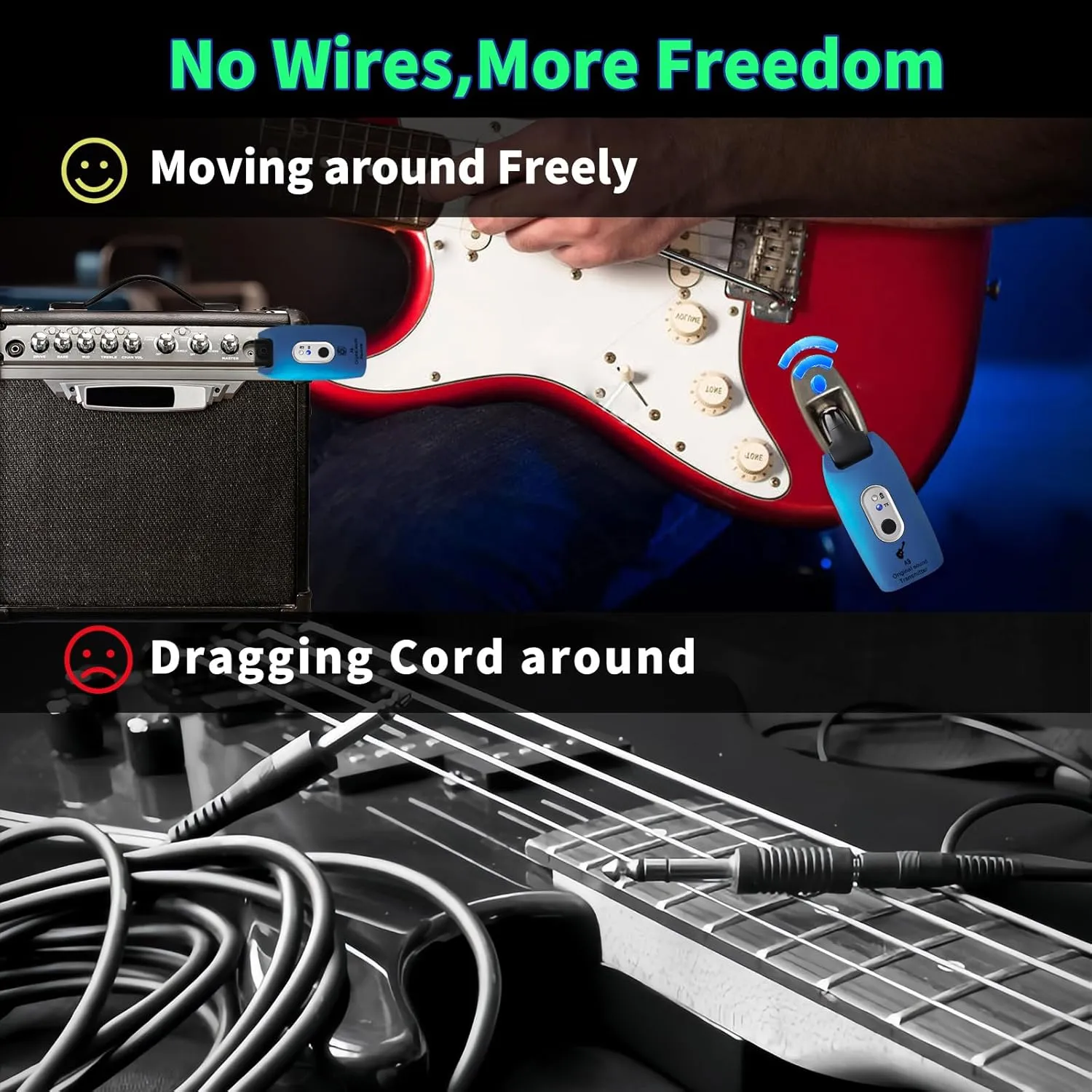 A9 Wireless Guitar System - 2.4GHz, 24-bit 48KHz Audio, 100ft Range, No Latency, 4-Hour Rechargeable Battery, Blue, for Electric Guitar Bass(Blue(2TX 1TX))