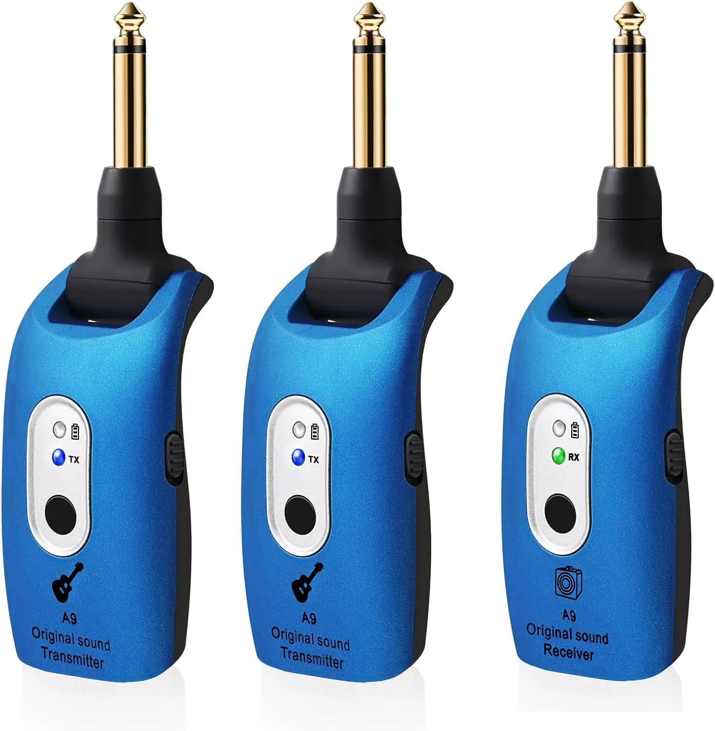 A9 Wireless Guitar System - 2.4GHz, 24-bit 48KHz Audio, 100ft Range, No Latency, 4-Hour Rechargeable Battery, Blue, for Electric Guitar Bass(Blue(2TX 1TX))