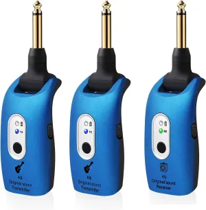 A9 Wireless Guitar System - 2.4GHz, 24-bit 48KHz Audio, 100ft Range, No Latency, 4-Hour Rechargeable Battery, Blue, for Electric Guitar Bass(Blue(2TX 1TX))