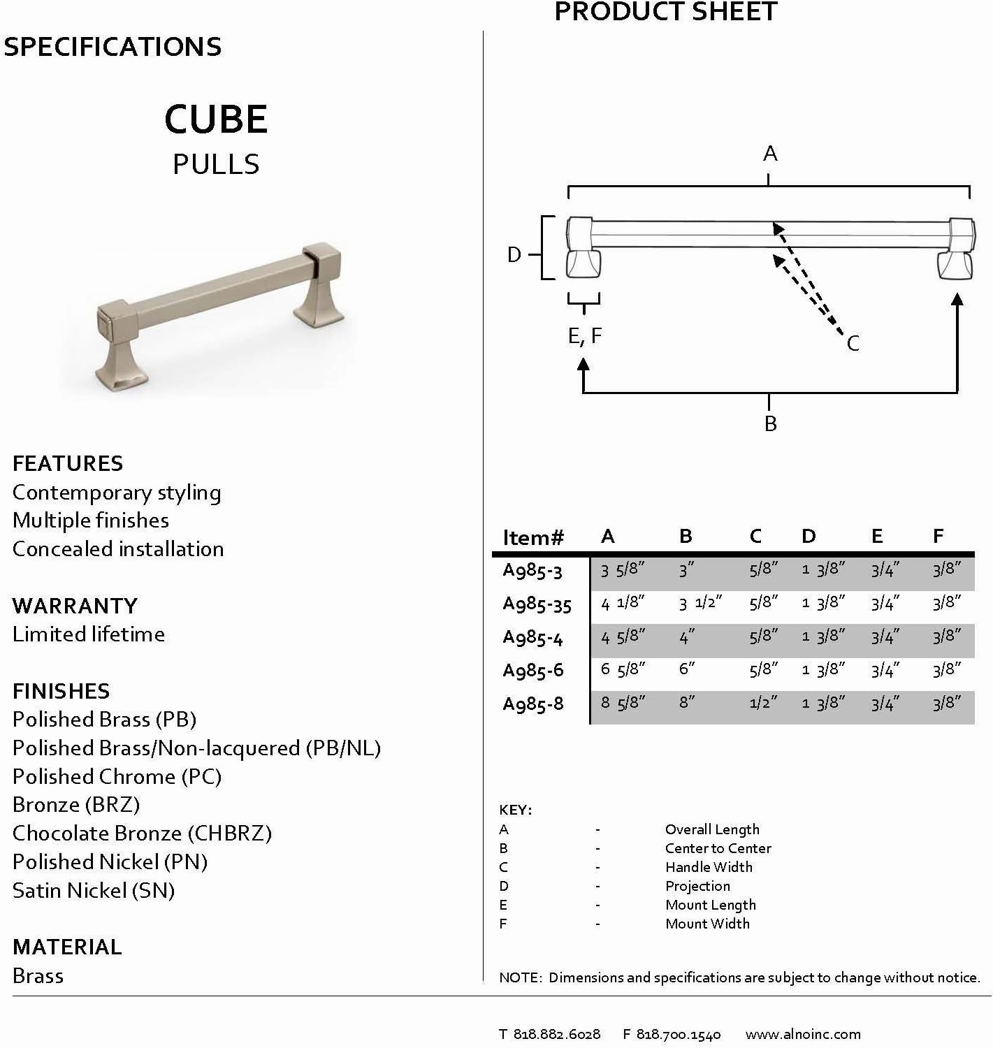 A985-4-PB Cube Modern Pulls, Polished Brass