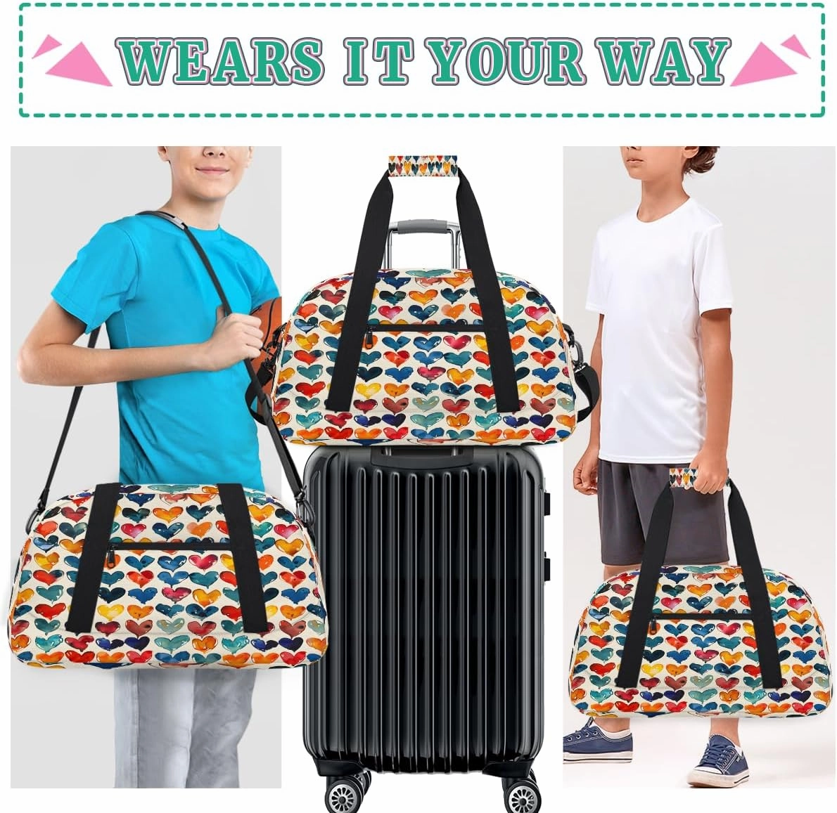 Abstract Love Heart Kids Overnighter Duffel Bags for Boys, Carry-On Size Sports Gym Bag with Front Zipper Pocket for School Practice or Overnight Travel Weekender Sleepover Tote Bag