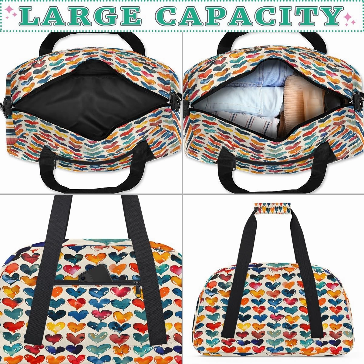 Abstract Love Heart Kids Overnighter Duffel Bags for Boys, Carry-On Size Sports Gym Bag with Front Zipper Pocket for School Practice or Overnight Travel Weekender Sleepover Tote Bag