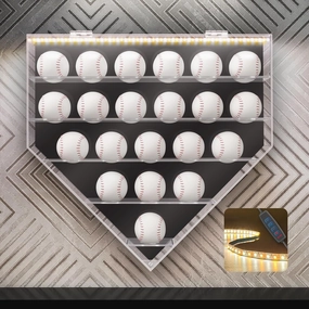 Acrylic Display Case for Baseball, Lighted Wall Mounted Shadow Box, LED Baseball Display Case Holder for Collectibles, UV Protected Memorabilia Autograph Display Box for 21 Balls, Black