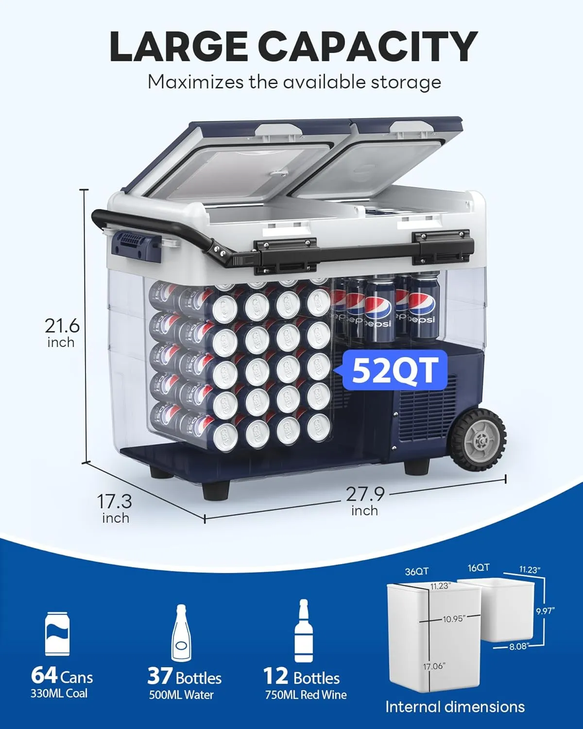 Aeitto 12 Volt Car Refrigerator, 52QT(50L) Dual Zone Portable Car Fridge Freezer -4℉-68℉ Electric Cooler Dual Temp Control Cooling Freezing 12/24V DC & 100-240V AC for Travel, Camping, RV, Road, Home