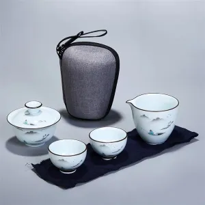 Afternoon Tea Set Chinese Kung Fu Tea Set Ceramic Portable Teapot Set Travel Gaiwan Tea Cups Tea Ceremony Teacup Fine with Travel Bag Tea Set for Adults，