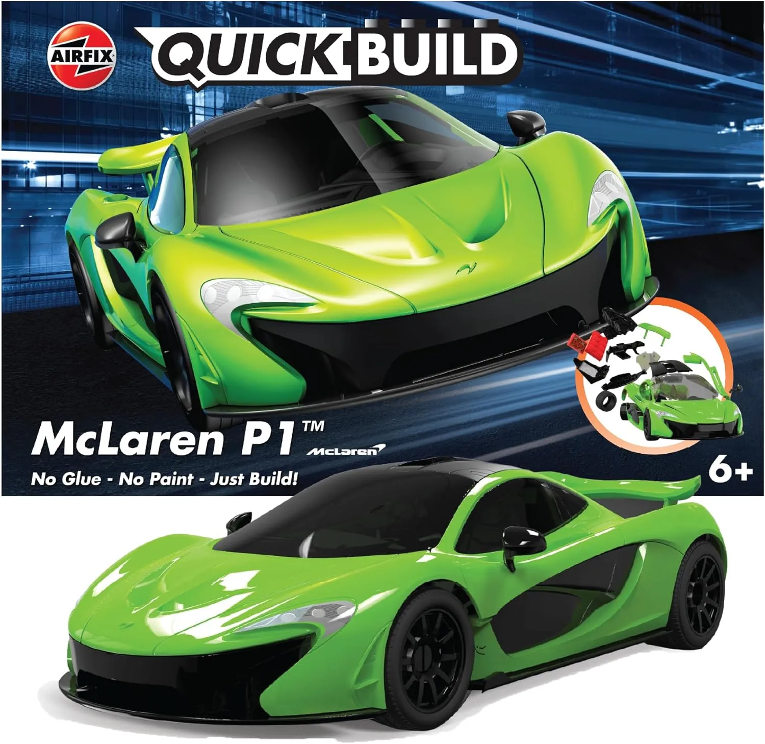 Airfix J6021 Quickbuild Plastic Model Car Kits - McLaren P1 Green - Easy Assembly Snap Together Kit, Classic Race Cars for Adults & Kids to Build, Model Vehicles, Building Toys Set