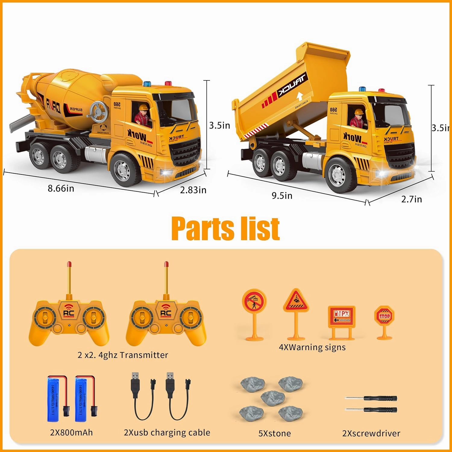 AISYAH Rechargeable Remote Control Dump Truck and Cement Mixer Toy Truck - Construction Vehicles Site for Kids Engineering Toys Playset for Boys Girls, Birthday Gifts for Toddlers